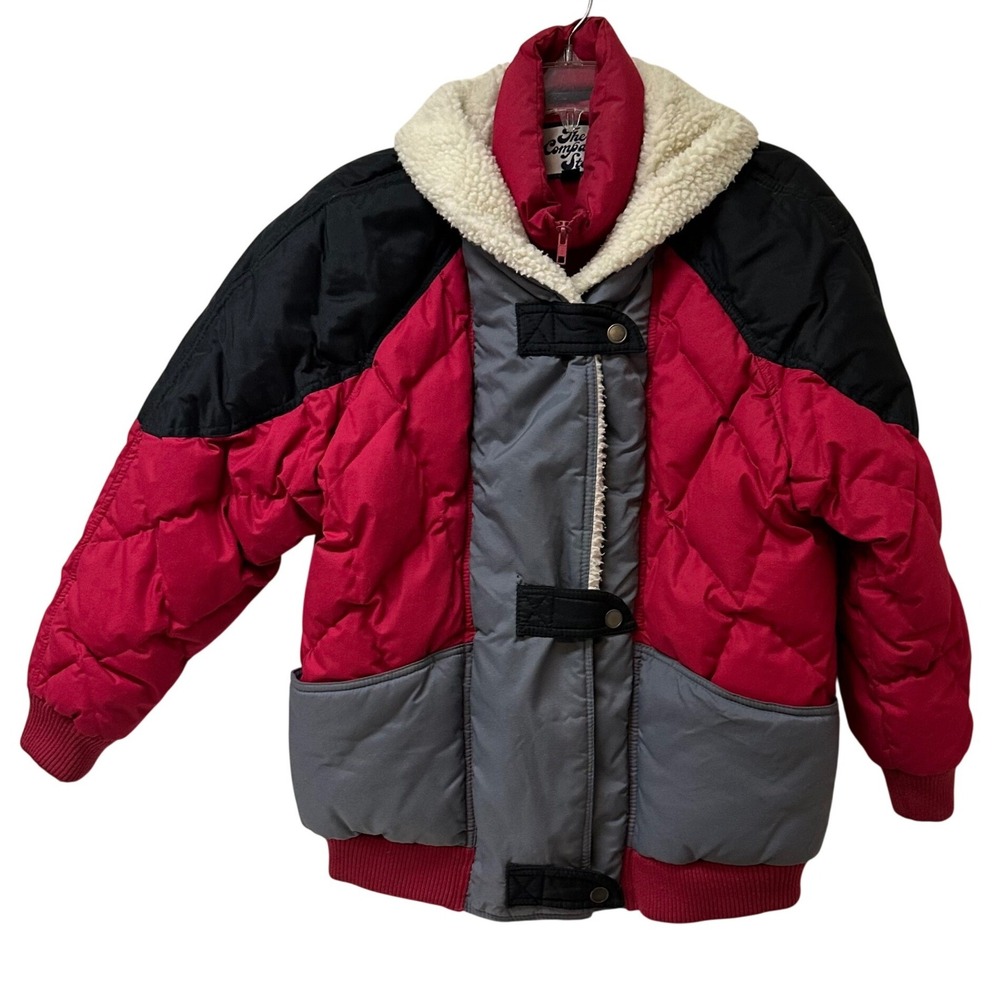Vintage The Company Store Down Puffer Jacket Red Black Grey Sherpa Collar Small